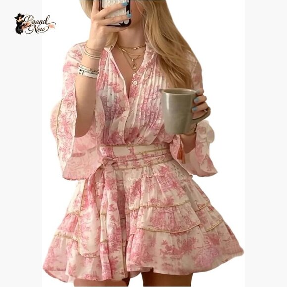 Dresses & Skirts - Floral Ruffle Mini Dress 3/4 Sleeve V Neck Boho Vacation Casual